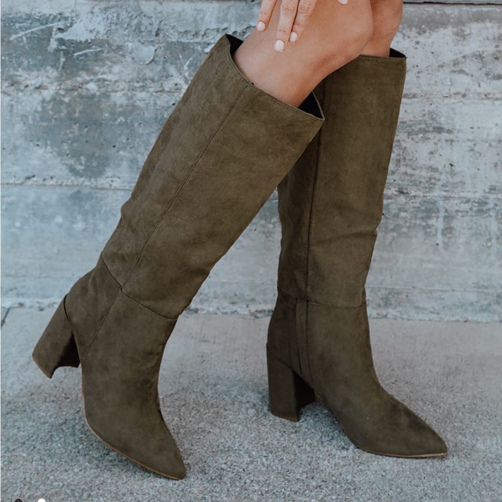 Lulus Katari Olive Green Suede Pointed-Toe Knee High Boots